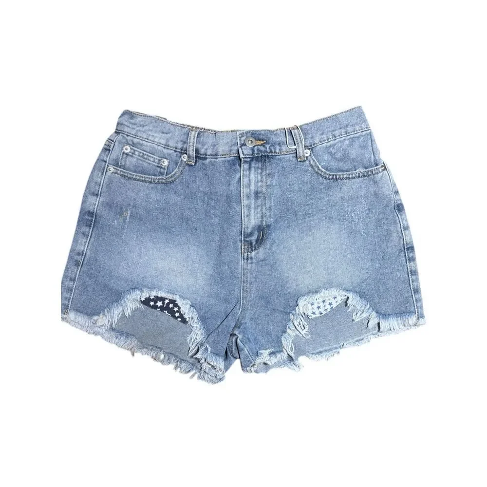 Very J Light Wash Patriotic Distressed Raw Hem Denim Shorts Boho USA Stretch NWT